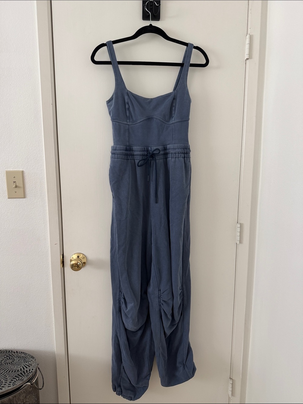 Free People Dusty Blue Cotton-Blend Sleeveless Jumpsuit with Drawstring Waist